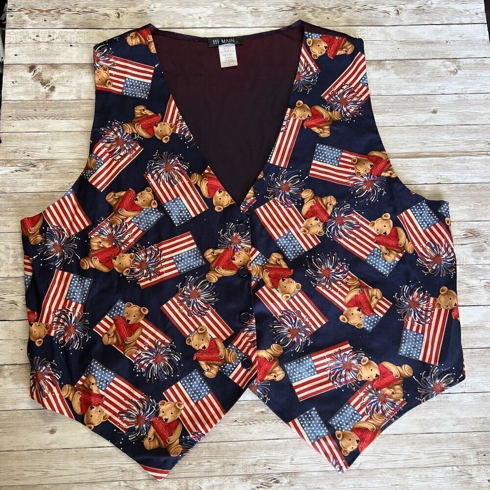Teddy‎ Bear Vest Size 2X 4th Of July USA American Flag Fireworks EUC
